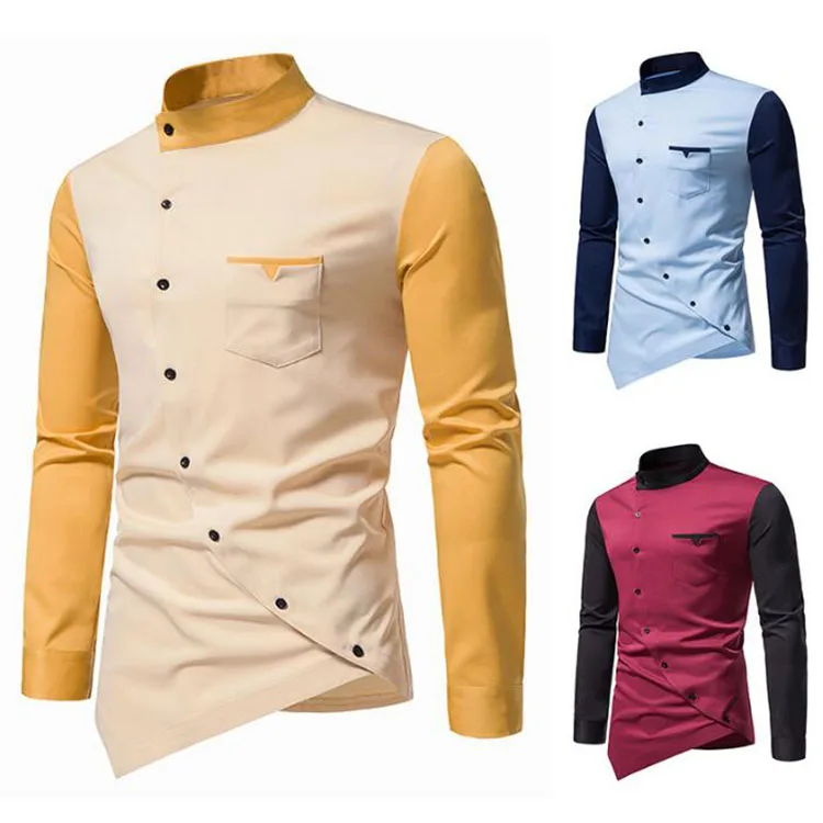 Vintage Shirts for Men Patchwork Irregular Oblique Button Long Sleeve Mens Dress Clothes Wedding Business Shirt