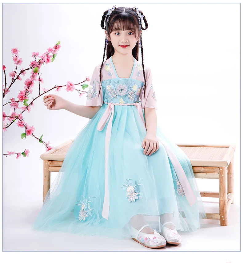 

Chinese style short-sleeved night dress for kids Chinese Hanfu kids party dress Tang suit flower girl birthday dress