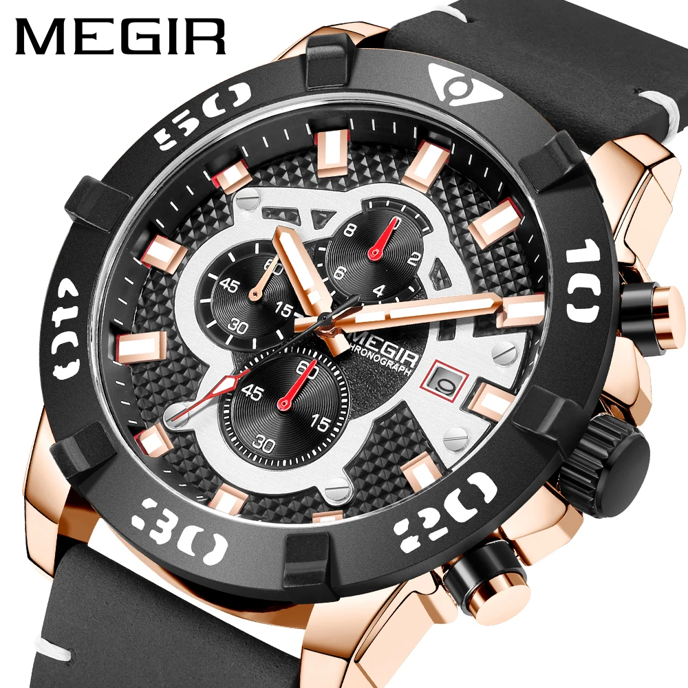 

MEGIR Luxury Men's Wristwatch Chronometer Luminous Leather Large Dial Sports Quartz Watch 2136G, 3 colors