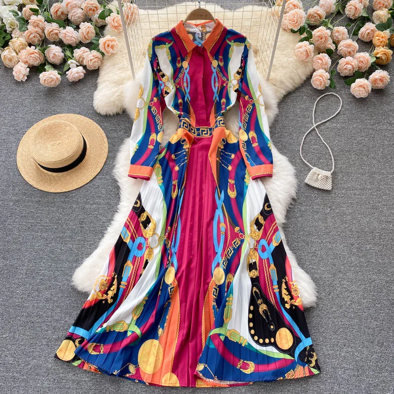 

2022 spring and autumn new travel holiday long skirt large pleated long sleeve dress female printed fairy long skirt, Multiple colors
