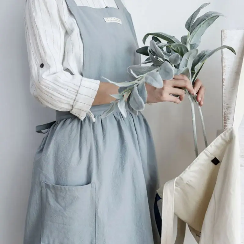 

7 Colors Nordic Home Kitchen Women Cotton Canvas Aprons Skirt Overalls for Chef Cooking Flower Cafe Shop Waitress Work Bib Apron, Pink/dark grey /light grey/black/green/light blue/beige
