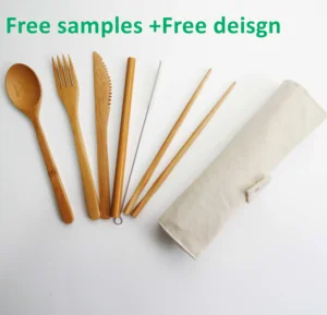 Zero Waste reusable bamboo cutlery sets  Includes Knife, Fork, Straw, Teaspoon, Cleaning Brush with a Travel Bag