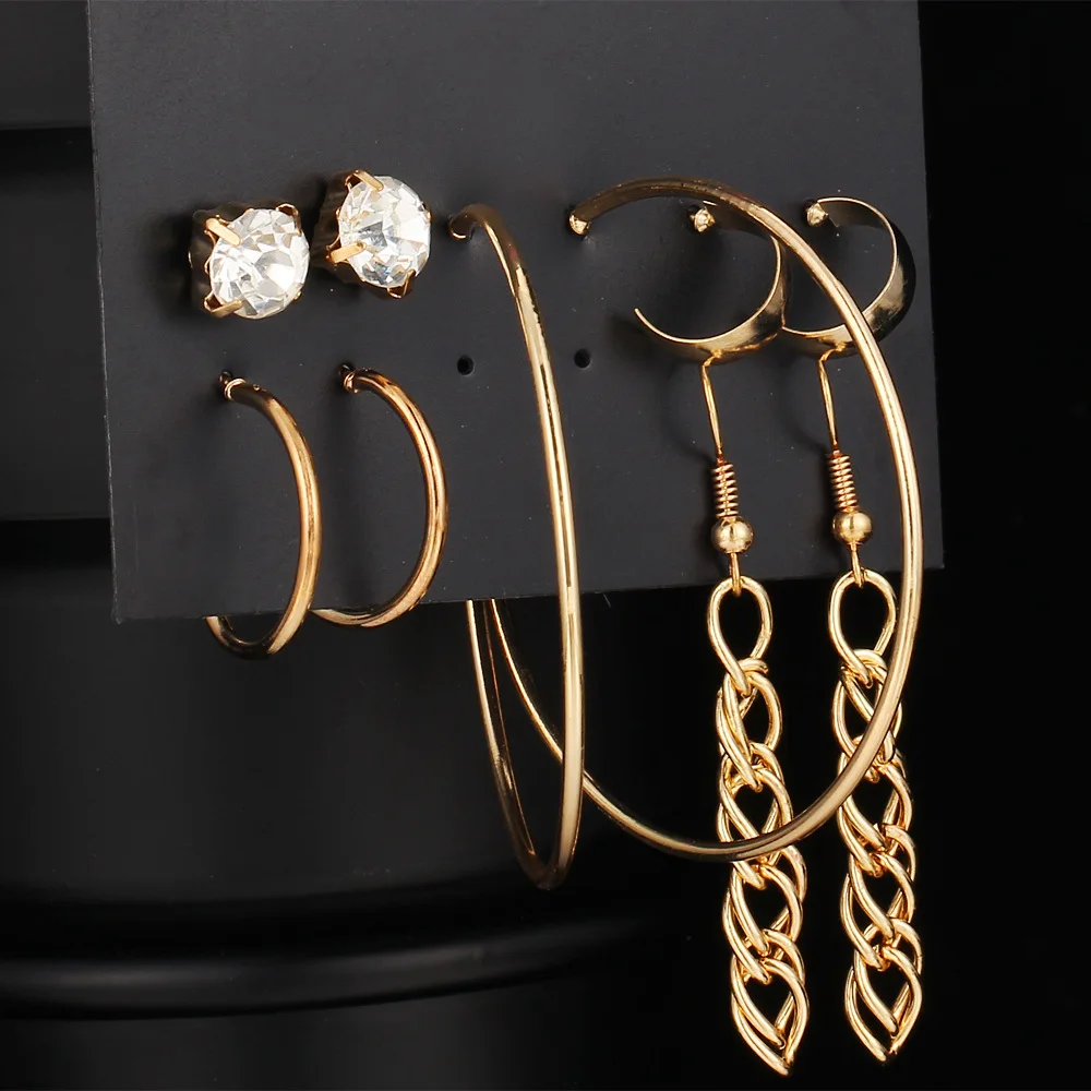 

Fast Ship Gold Plating Mixed Designs Crystal Stud Big Hoop Chain Dangle Jewelry Earrings Set for Women