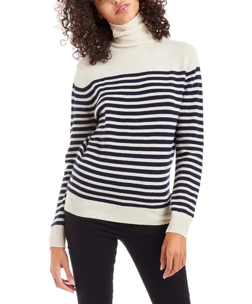 

100% CASHMERE KNITTED TURTLE NECK STRIPE PULLOVER SWEATER for WOMEN'S