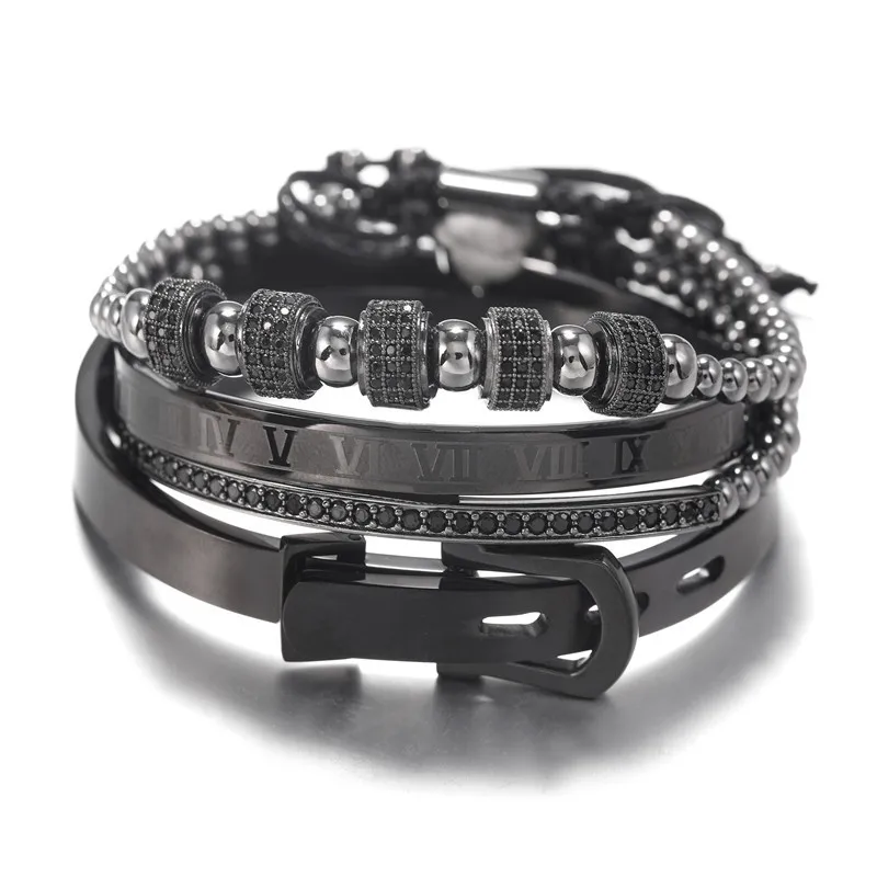 

Hot Selling Men's Wrist Charm Jewelry 4Pcs/Set Punk Stainless Steel Royal Roman Numbers Bangle Bracelet Set Pulsera