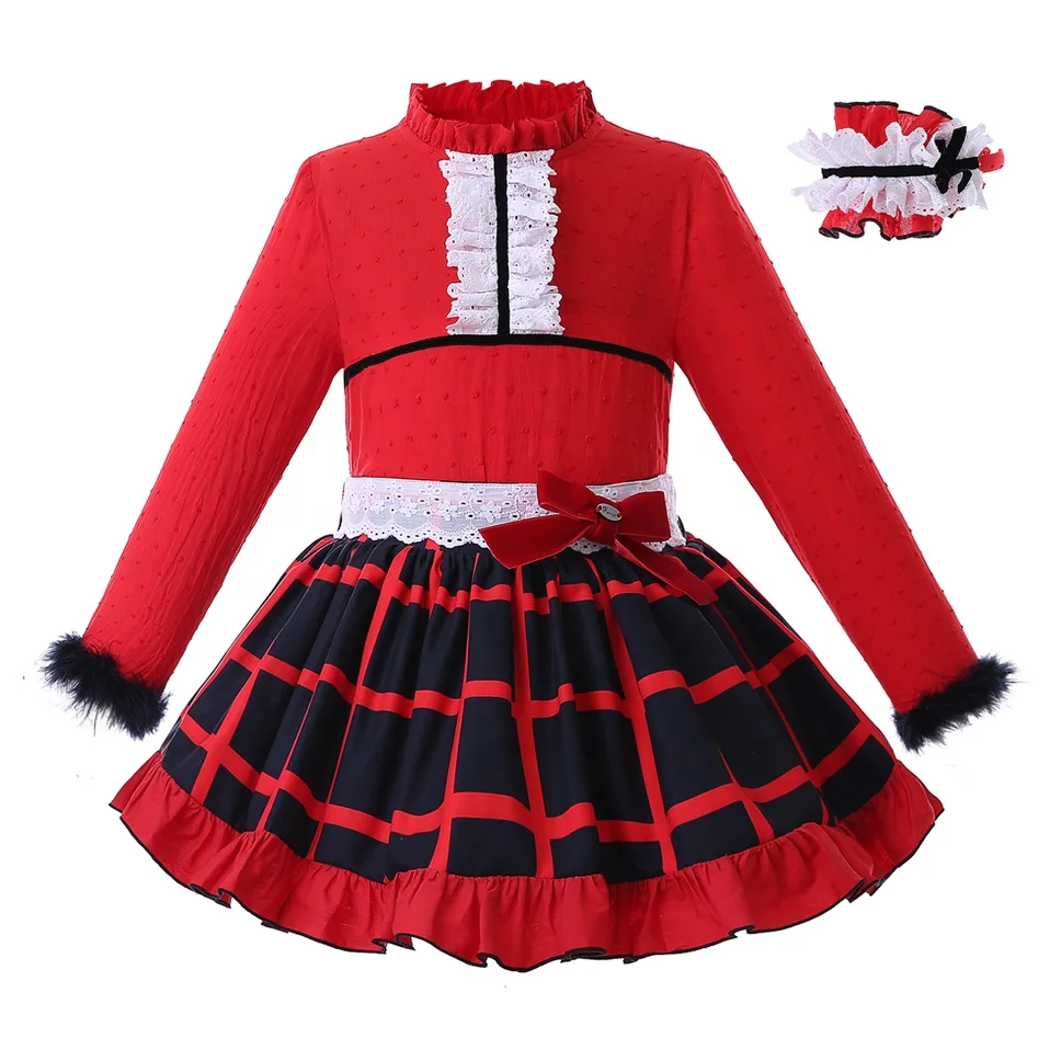 

2022 OEM Pettigirl Red Autumn Girls Clothing Plaid Dress Long Sleeve Kids Clothing Stores Wholesale