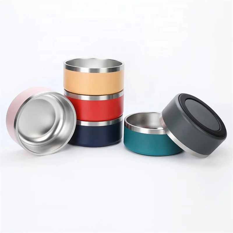 

Double layer luxury multi-color metal stainless steel pet food water bowl in round shape with anti skip bottom ring for pet, 10 colors as shown in pictures, or customized