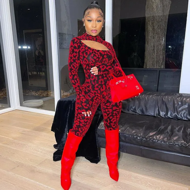 

Spring 2021 women's leopard-print full-sleeve sports jumpsuit with cutout front, Red/black/blue