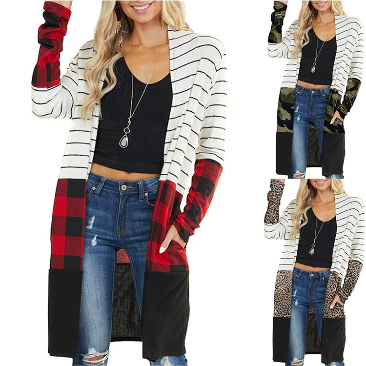 

New Trendy Christmas Plaid Printed Knitted Long Cardigan Women 2021 Casual Style Open Cardigan With Pocket