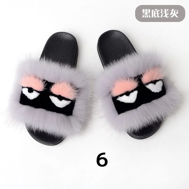 

Fashion home non-slip fur casual beach shoes fox fur little monster women sandals and slippers, As picture show