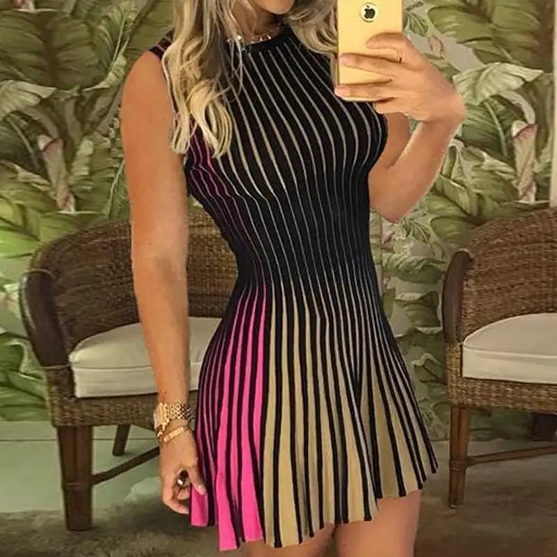 

Women's New Fashion Sleeveless Multicolored Striped Mini Dress