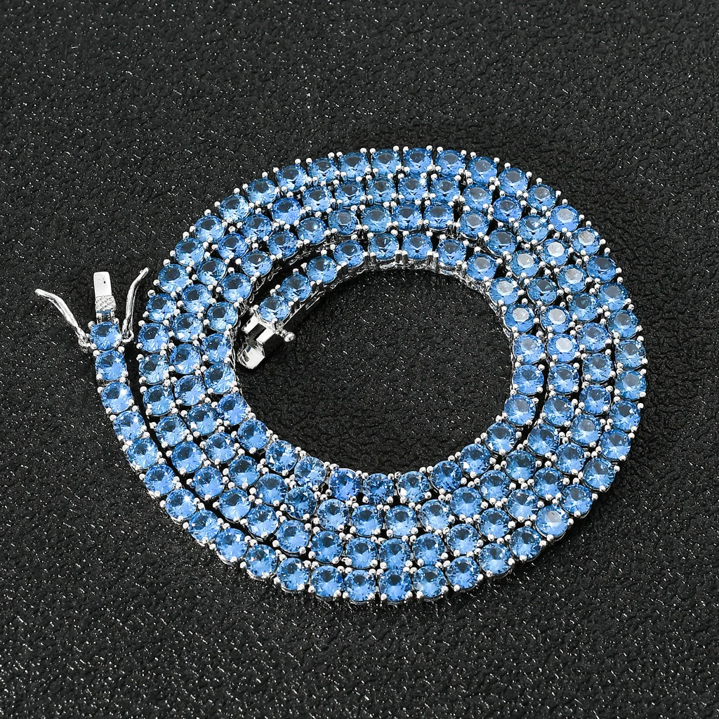 

4mm Tennis Chain Choker Necklace Hip Hop Necklace Men's Bing Iced Out Sea Blue Cubic Zircon Diamond Necklace, Silver