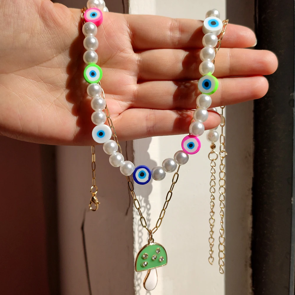 

Double Layer Colorful Clay Evil Eyes Imitation Pearl Beads Necklace For Women Green Mushroom Necklace, Gold plated