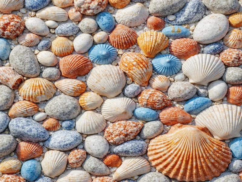 Seashell mosaic art in coastal color palette