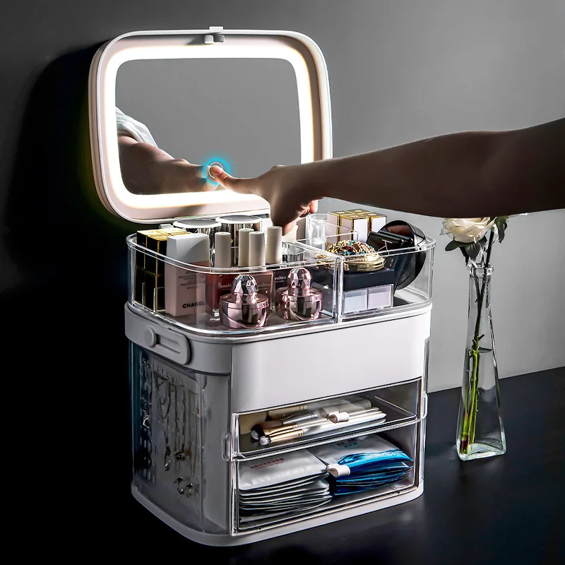 

Home Use Clear Waterproof Cosmetic Storage Organizer Box With Led Mirror Portable Transparent Drawer Makeup Storage Organizer