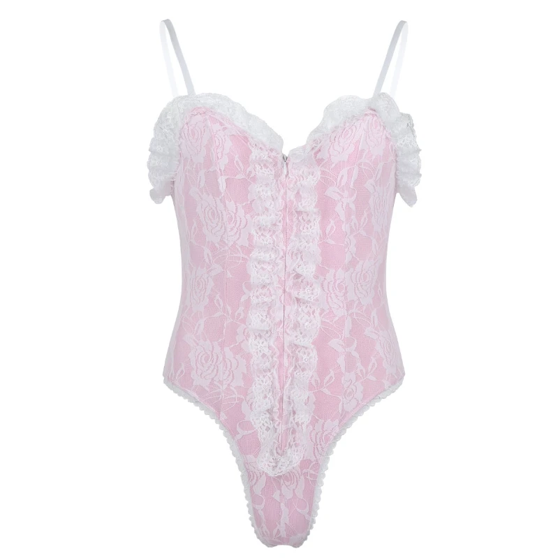 

Hot Sale Men Pink Floral Lace Teddy Sissy Thong Babydoll Lingerie Bodysuit Nightwear Sleepwear Sissy