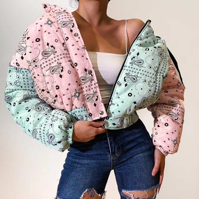 

New fashion stand collar zip up women bubble coats wholesale womens fall winter Paisley puffer jacket in bubble, Customized colors