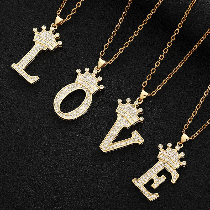 

26 English Initial Letters Crown Zircon Paved Brass Letter Pendant Stainless Steel Chain Gold Plated Jewelry Necklace WOMEN