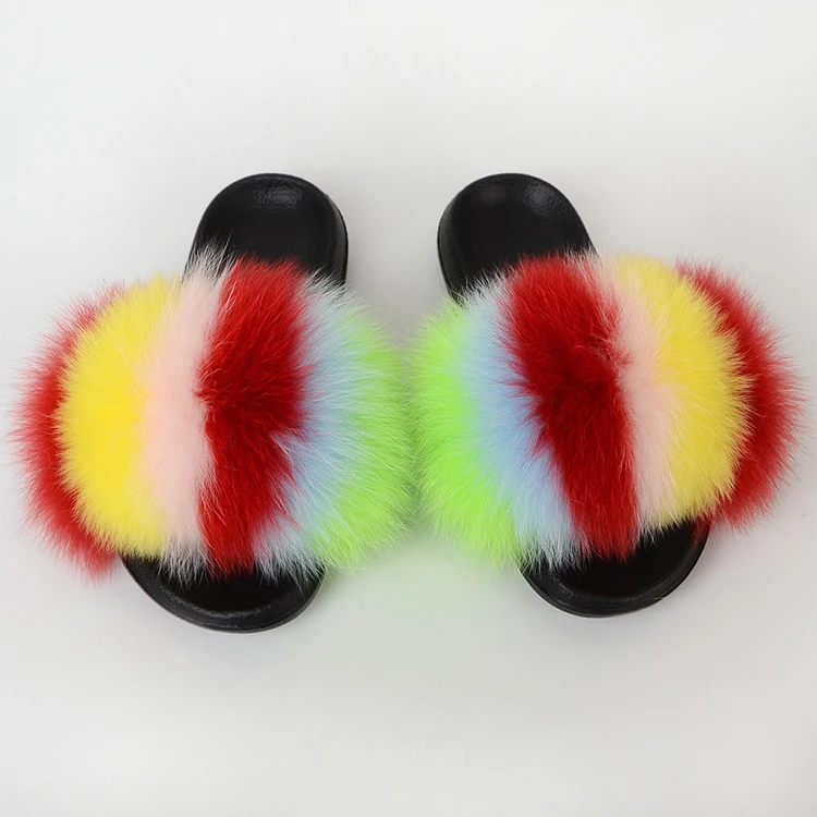 
Women Real Fox Fur Slides Slippers Home Furry Flat Sandals Girls Cute Fluffy House Shoes 