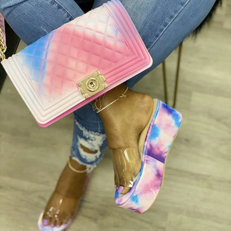 

2021 new trendy tie dye platform sandals matching bags set for women and ladies evening party wear, 3 color as picture