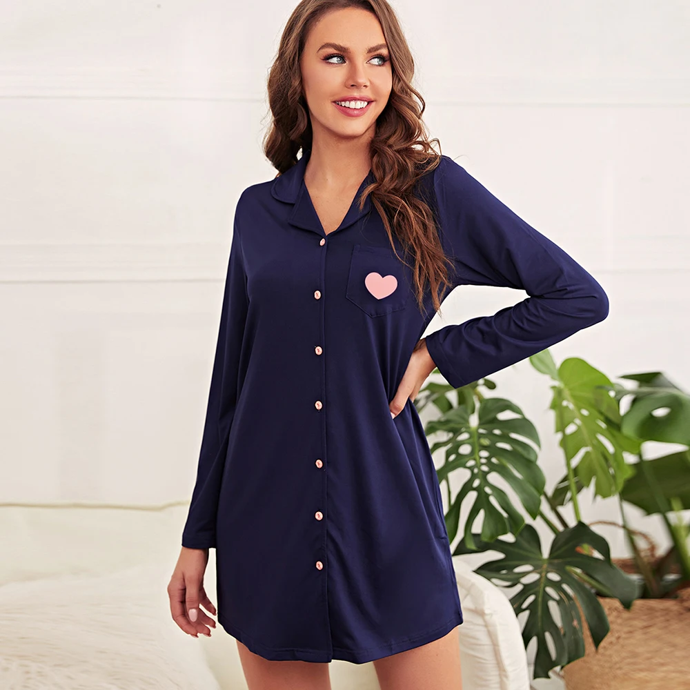 

Navy blue trendy sleepskirt wholesale button up front open night wear long shirt pajama sleep dress nightshirt for women ladies