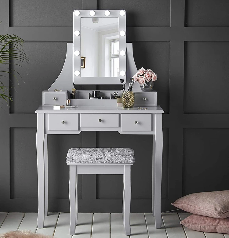 Grey Vanity Table Makeup Mirror Dresser Table Set With Hollywood Bulbs