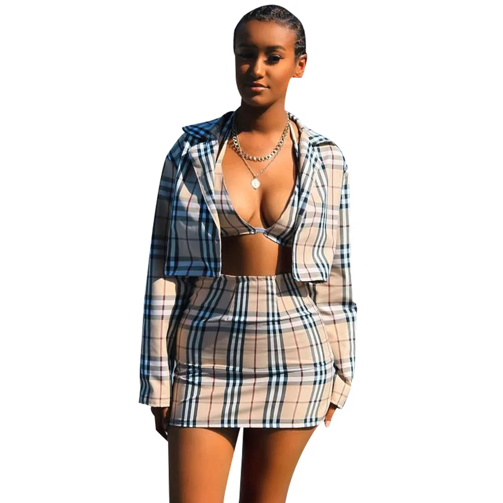 

Hot Selling Women's New Clothing Plaid Fashion Long Sleeve Skirt Set Three Pieces Suit, Picture