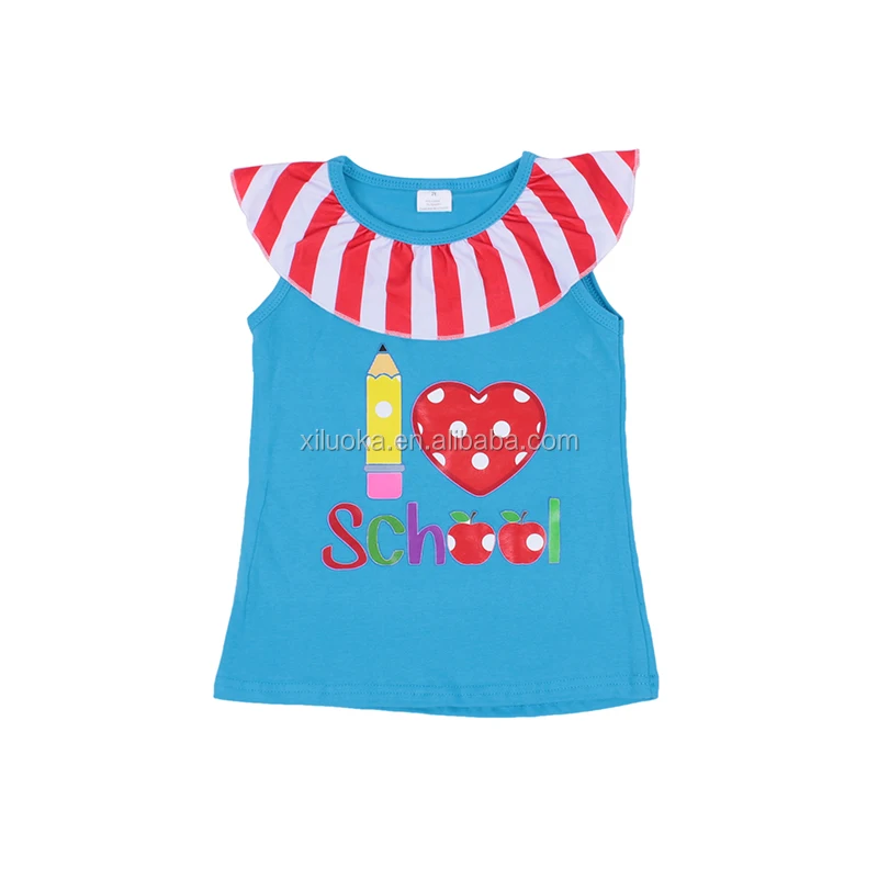 

New Design Back to School Blue Shirt Baby Girl Tops Sleeveless Girls Clothing, Picture