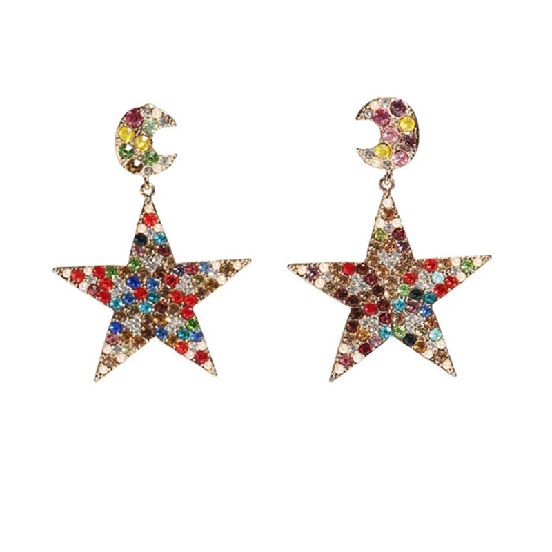 

New Personality Exaggerated Star Colorful Diamond Stud Earrings, As picture