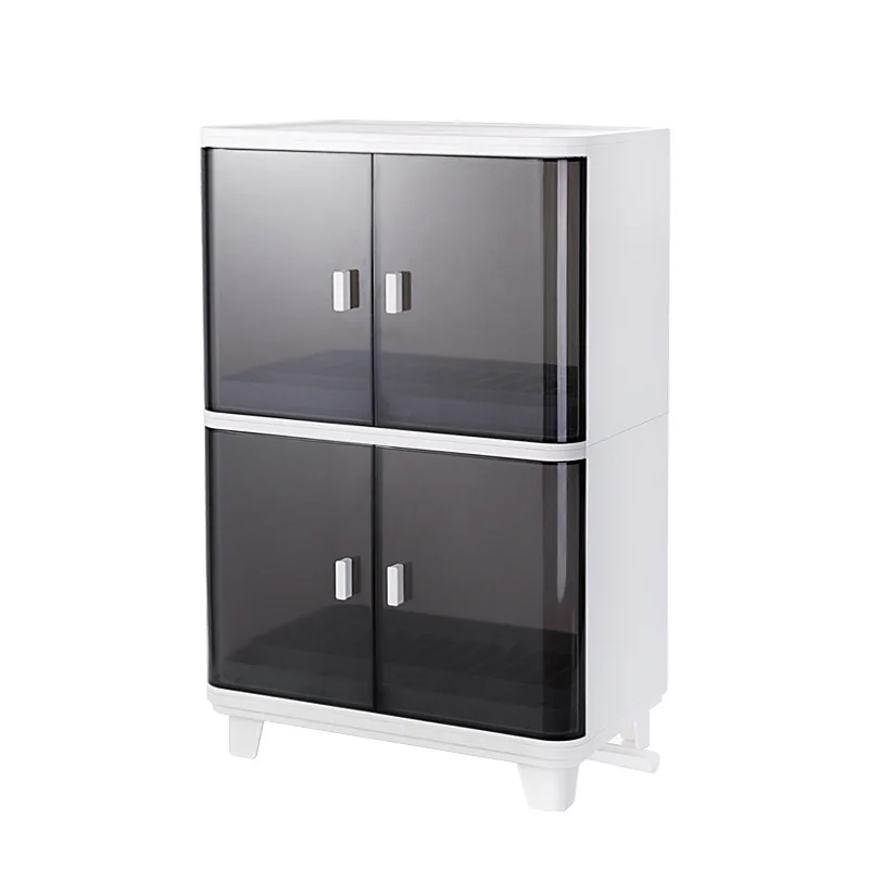 

Desktop Kitchen Organizer Drainage Dish Drying Rack Cupboard Plastic Dishware Storage Box With Anti-dust Doors, As same as picture