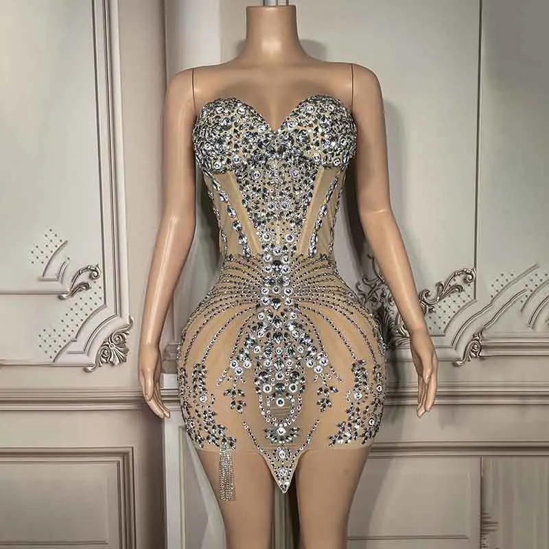 

Sexy Perspective Crystal Rhinestone Latin Dance Costume Ladies Strapless Birthday Evening Dress Bodycon Mini Prom Club Dress