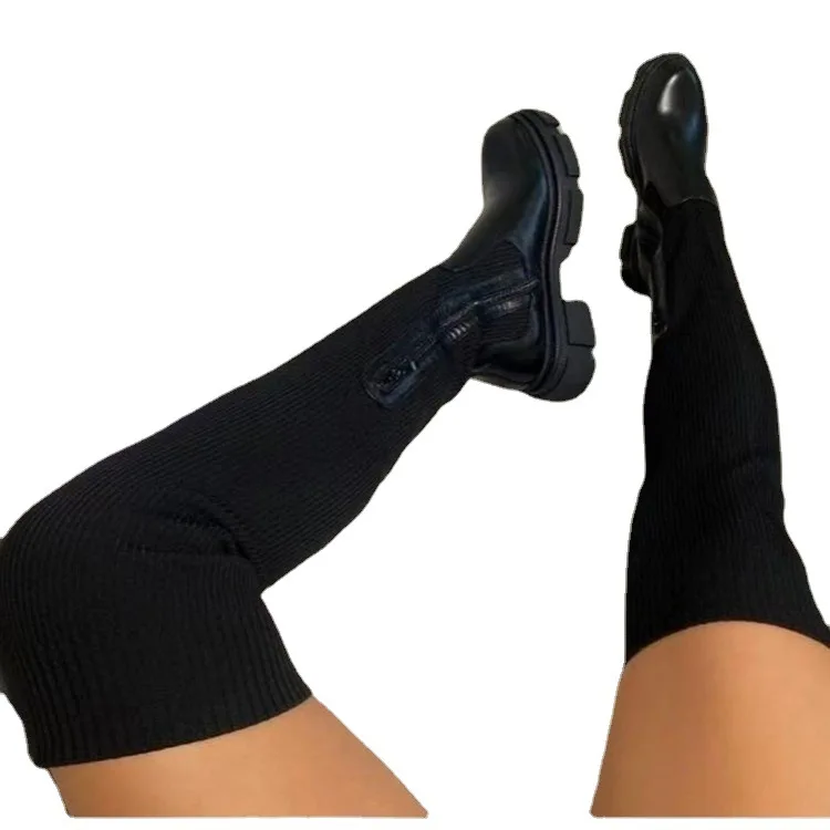 

New over-the-knee round toe solid color fly knit socks boots high boots women's boots, 2 colors