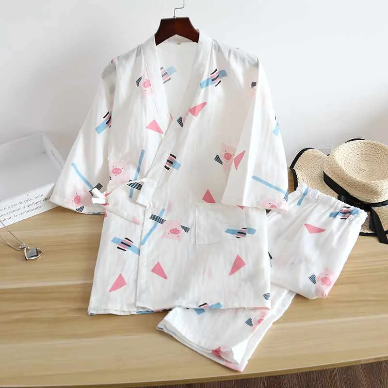 

Japanese kimono 2-piece pure cotton gauze ladies sleepwear suit spring and summer new tops + trousers home service suit plus siz, Required