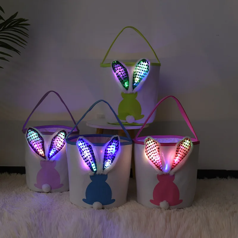 

New arrival Easter plush Rabbit bunny ears LED light Bucket Bag Handbag Basket for Easter Eggs for Girls Boys
