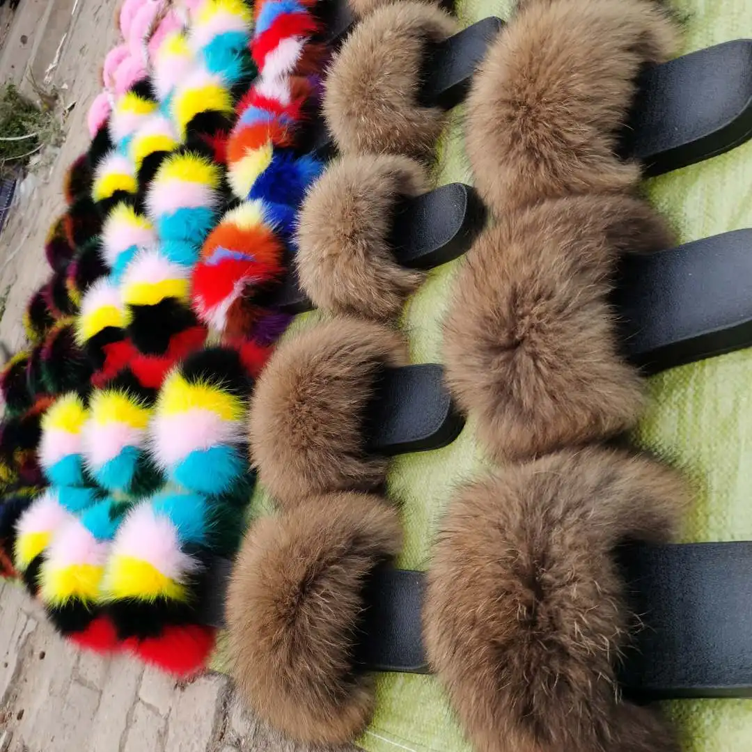 

Wholesale adults fox fur slippers slide slippers fox fur slides fluffy fox purses with set pvc Fur slippers