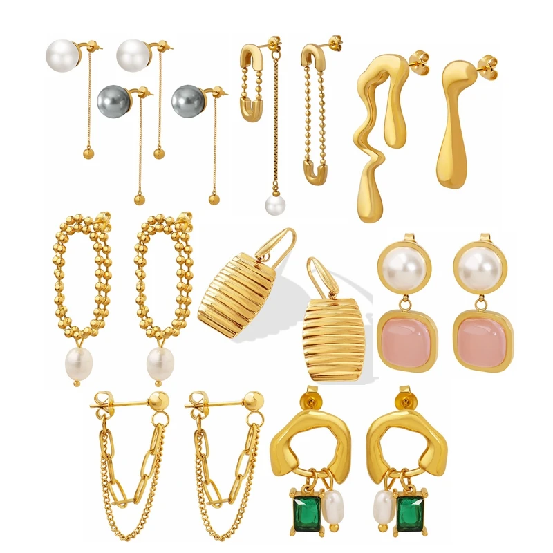 

Wholesale Women Crystal Star Fashion Personality Stainless Steel 18k Gold Plated Pearl Long Earrings Zircon Jewelry