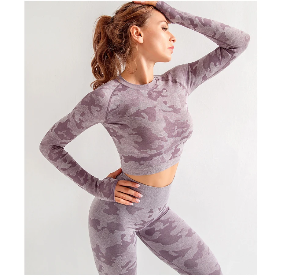 

womens 2 piece outfit gym active wear seamless set, Gray/ green/purple