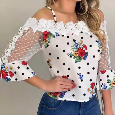 

Summer hot selling women's spotted printed mesh clothes lace top off-shoulder women's sexy top