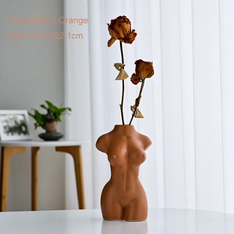 

Nordic INS Style Figurines Frosted Design Human Body Model Home Room Flowers Decorative Ornament Ceramic Vase, White/black/orange