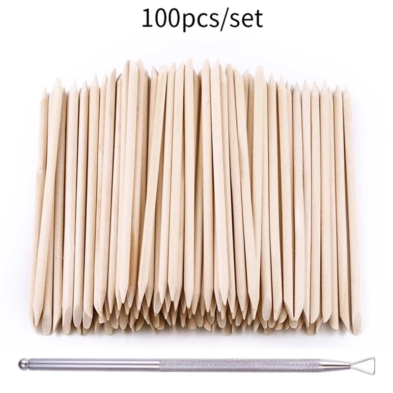 

100 Pcs/Set Manicure Pedicure Care Tools Women Lady Double End Nail Wood Stick Cuticle Pusher Remover, As the picture shows