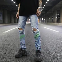 

OEM fog vintage splash ink graffiti paint pants skinny jeans men distressed ripped jeans blue casual pants stock dropshipping