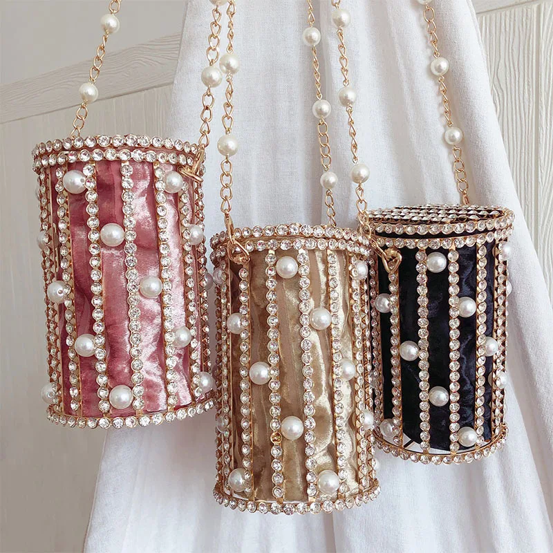 

Latest design cylindrical pearl evening bags women luxury cage party purse beaded chain bucket rhinestone clutch bags, 3colors