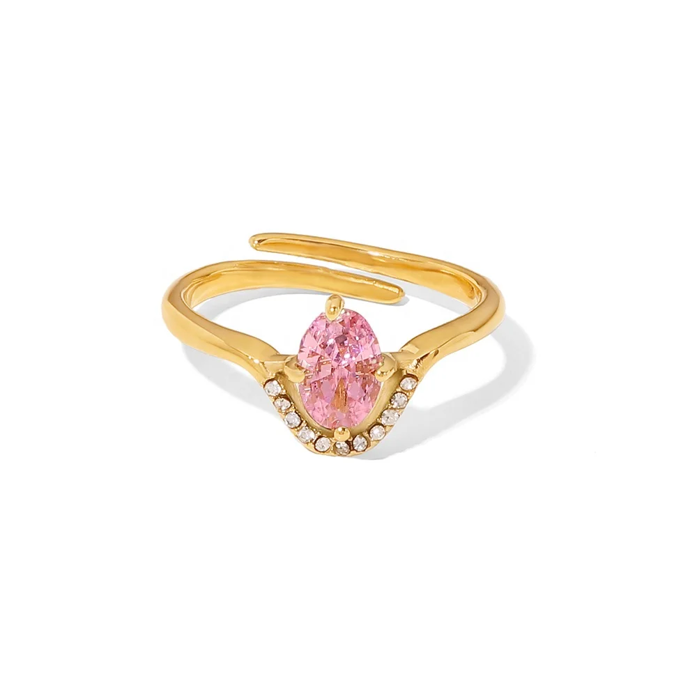 

Blingbling CZ Ring 18K Gold Plated Stainless Steel Stacking Pink Cubic Zirconia Opening Rings For Women Dainty