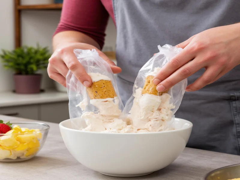 Hands shaking double-bagged ice cream mixture in kitchen