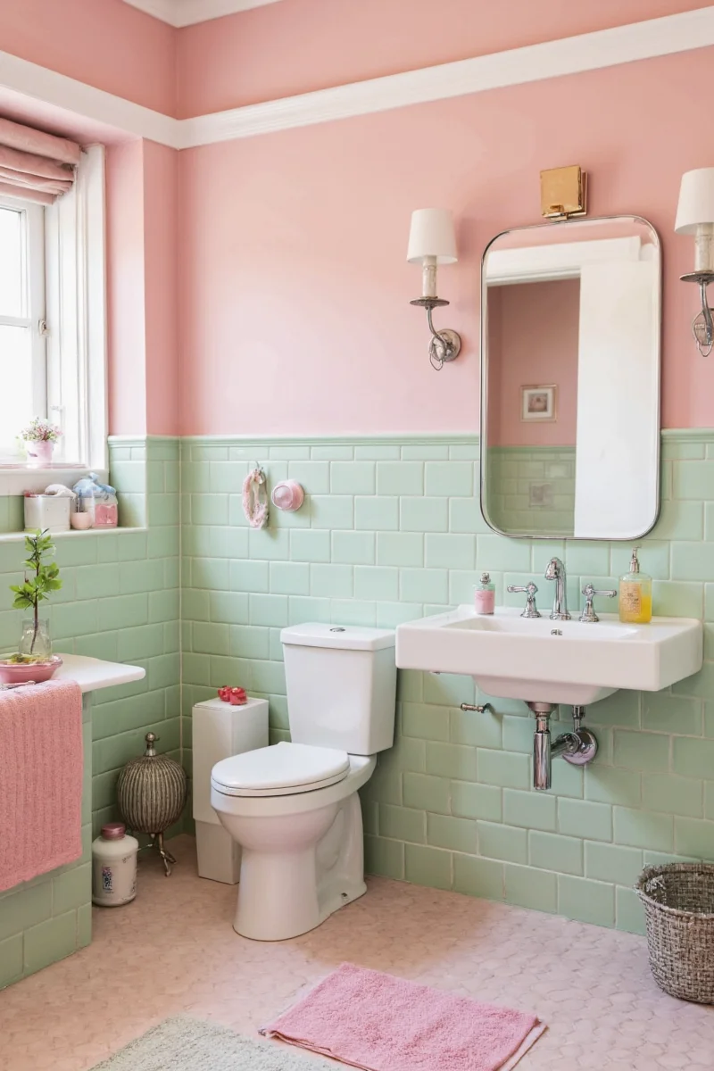 Tropical pink and green bathroom