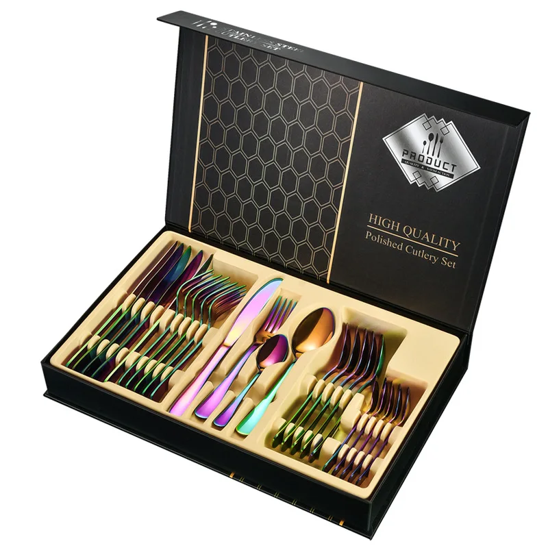 

WXL013 Knife Fork Spoon Western Luxury Cutlery Set with Gift Box Kitchen Tableware 24pcs Stainless Steel Cutlery Set, 5 colors