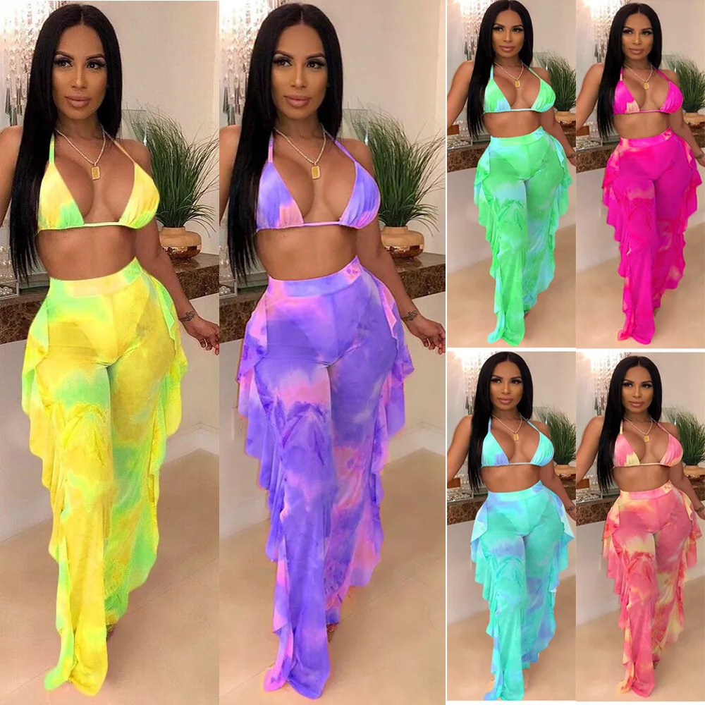 

2021 Summer Swimwear 5117 Mature Women's digital print mesh three-piece set swimsuit sexy swimwear beach set