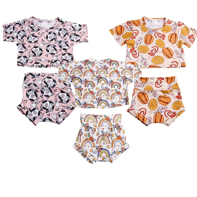 

Boutique Children Clothes Sets Cow Printed Baby Girl Summer Shirts Bummies Sets Milk Silk Soft Stretchy Outfits Accept Custom