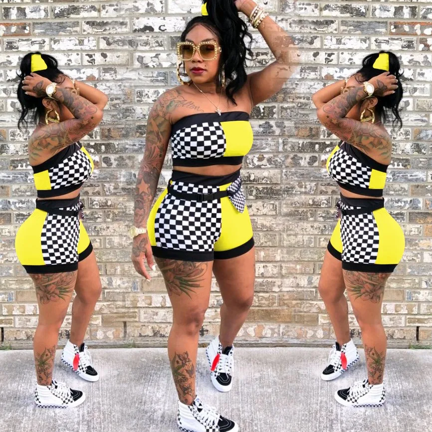 

X02100S Sexy women's patchwork strapless shorts two-piece set with belt, Yellow/red/black/blue/green