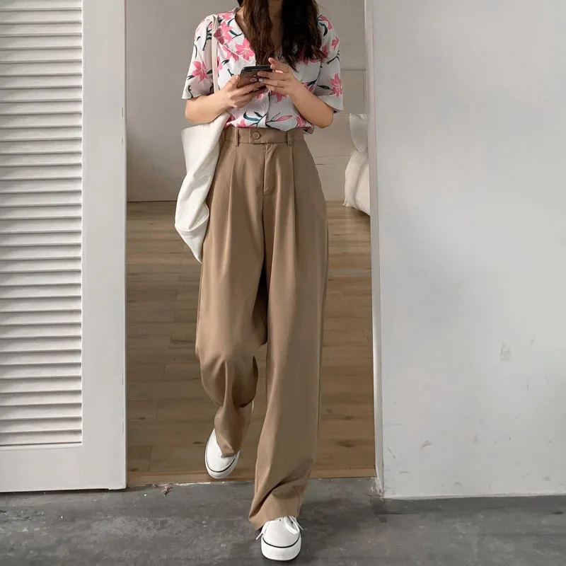 

Women Summer New Korean Loose Pleated Wild High Waist Casual Wide Leg Pants